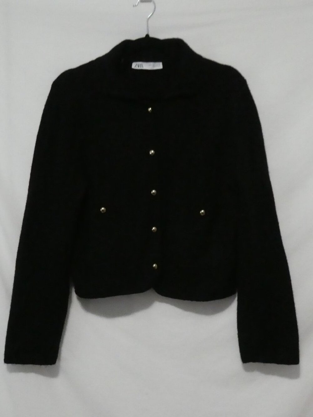 ZARA Black Plain Knit Polo Neck Lady Jacket Cardigan Gold Buttons - Size Large